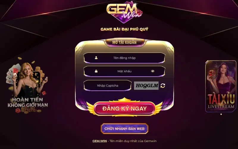 Giao diện đăng nhập và đăng ký trên Gemwin